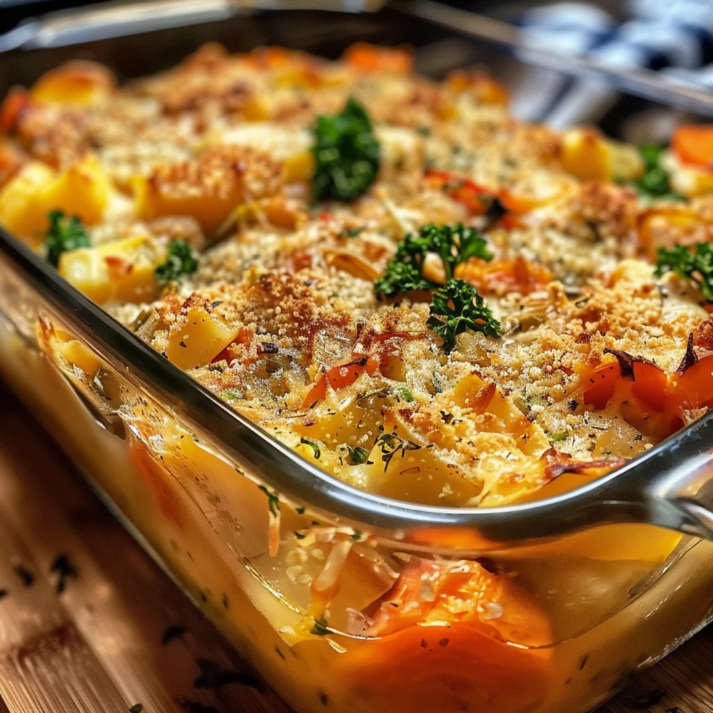 A delicious-looking vegetable casserole, topped with melted cheese and fresh herbs, in a glass baking dish.