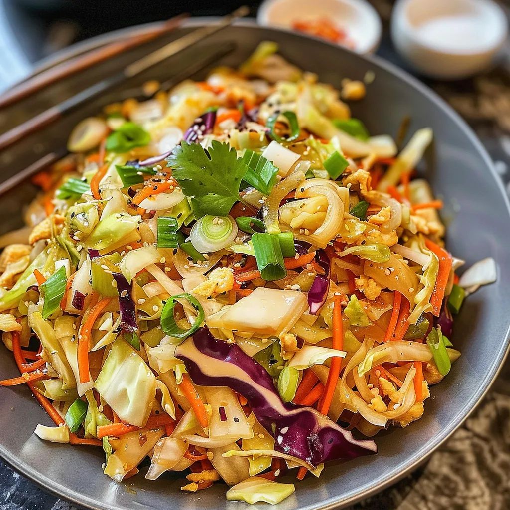 A delicious stir-fry of cabbage, carrots, and red cabbage in a black bowl, garnished with cilantro.