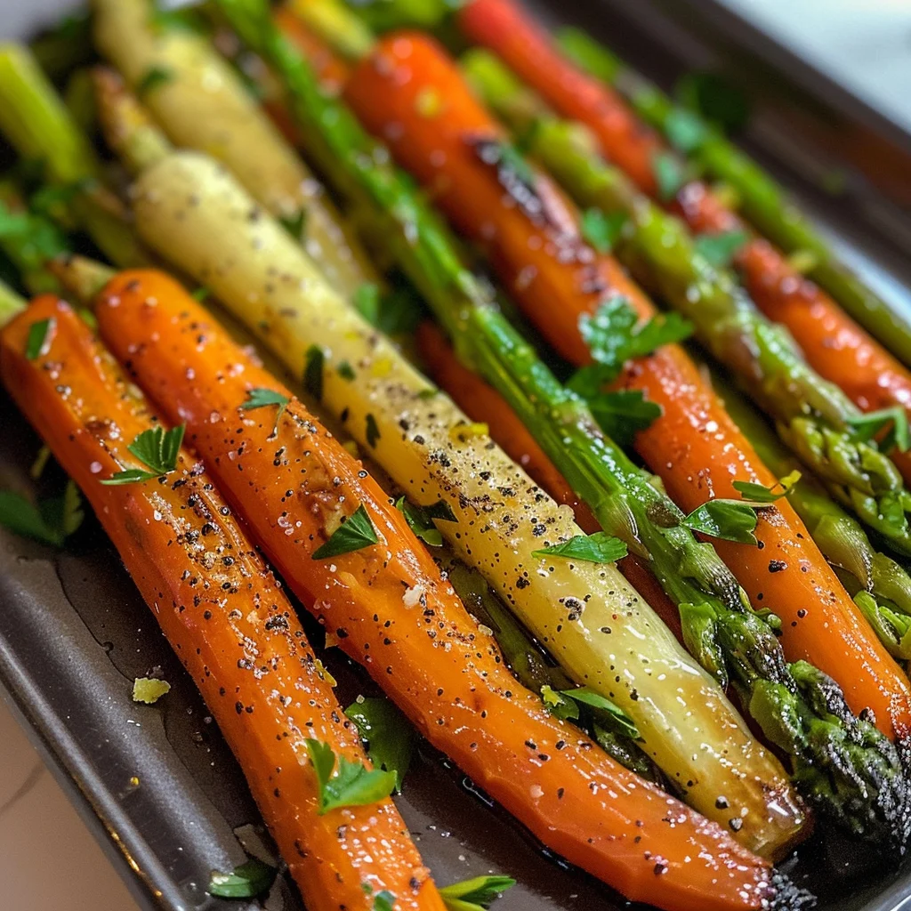 Roasted asparagus and carrots seasoned with herbs and spices.