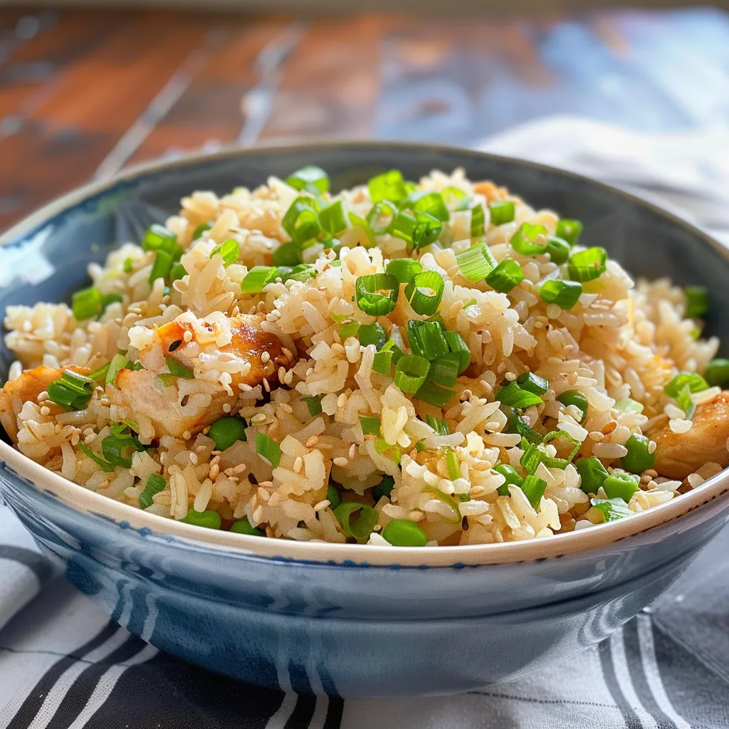 A bowl of simple Asian rice with peas and green onions.