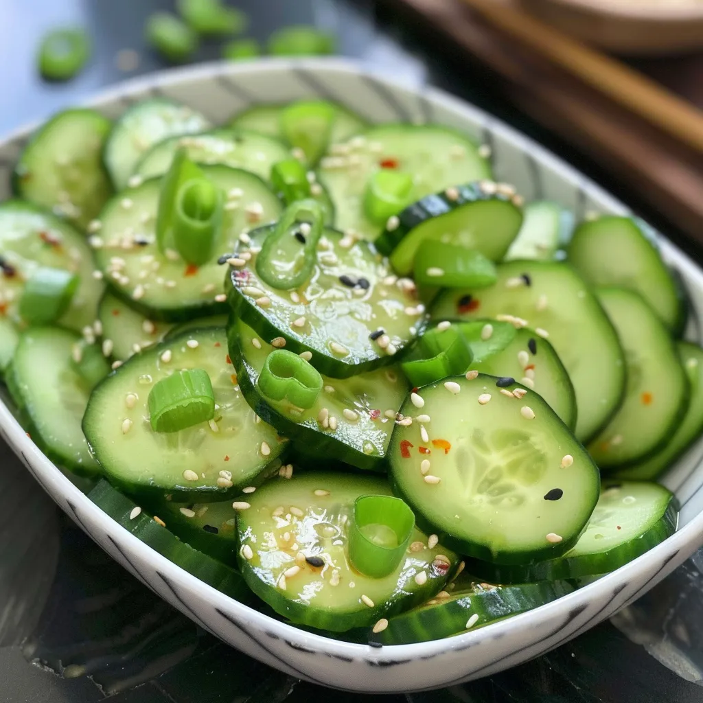 Refreshing Asian cucumber salad in a glass bowl, tossed in a sesame seed dressing.