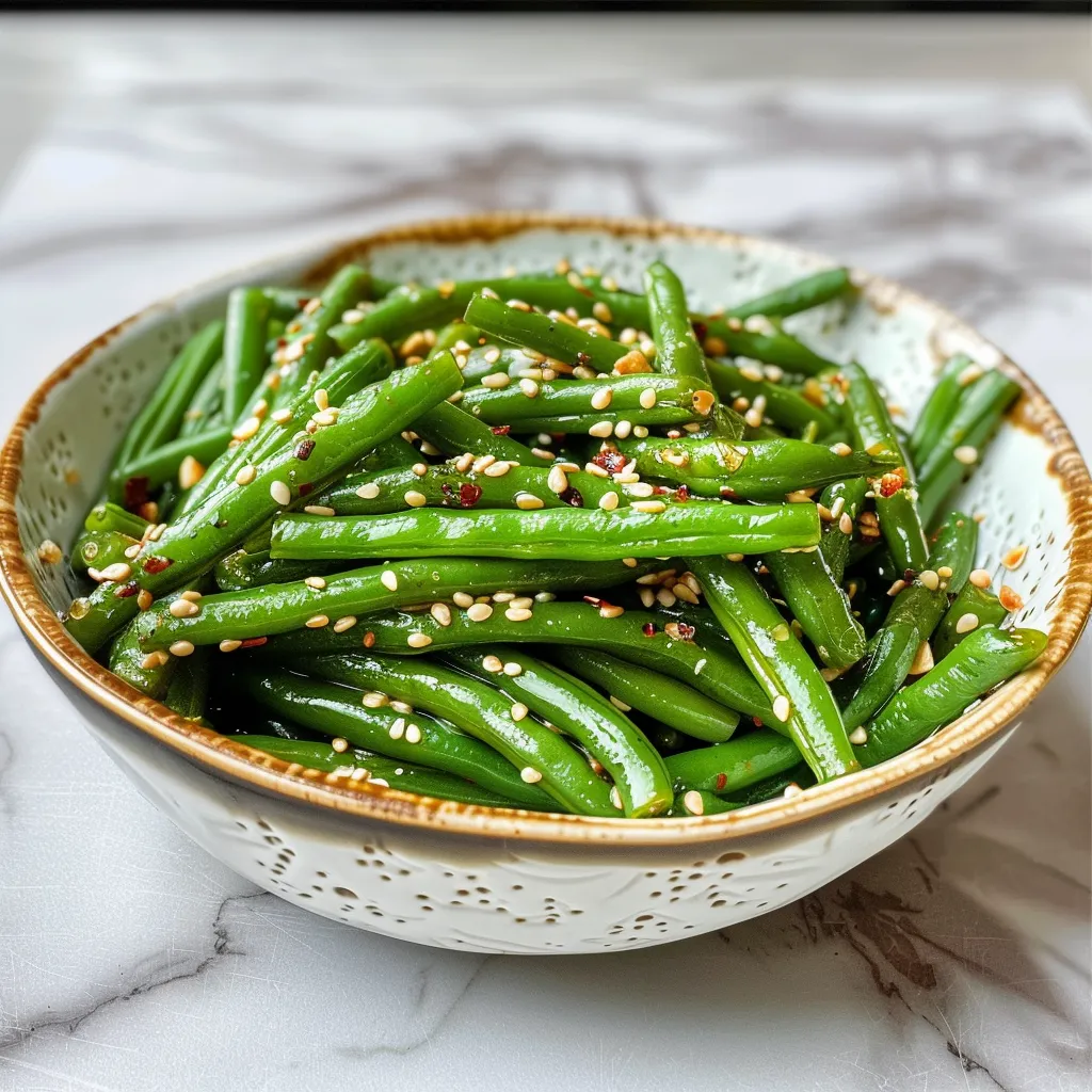 A bowl of garlic sesame green beans.