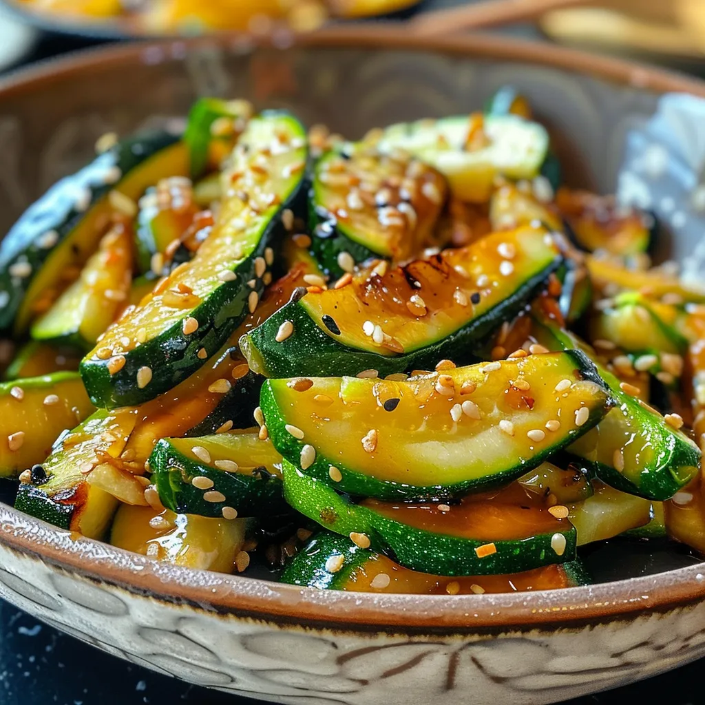 Close-up of a bowl of glazed zucchini sticks topped with sesame seeds.