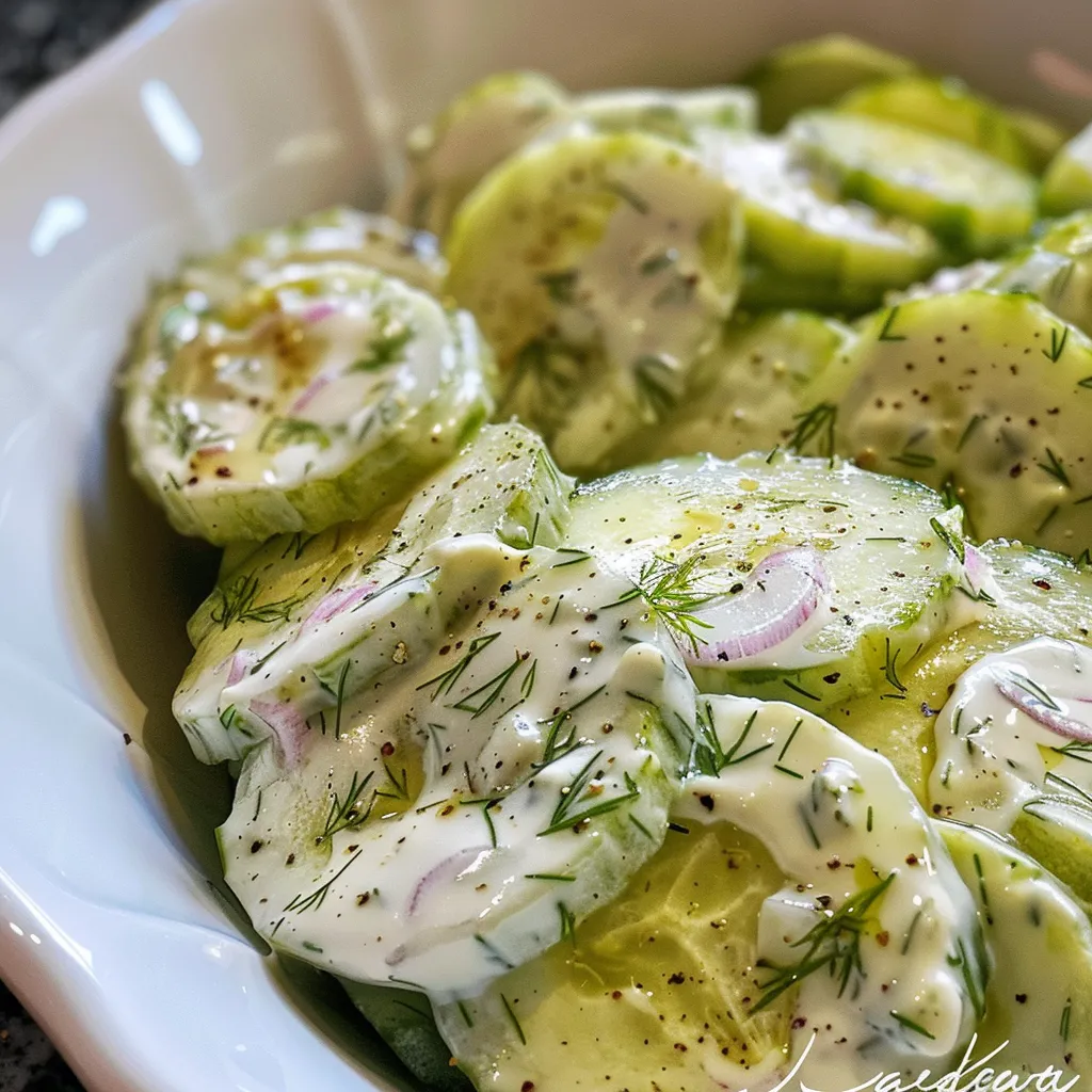 Creamy cucumber salad in a white bowl, coated in a dill dressing.