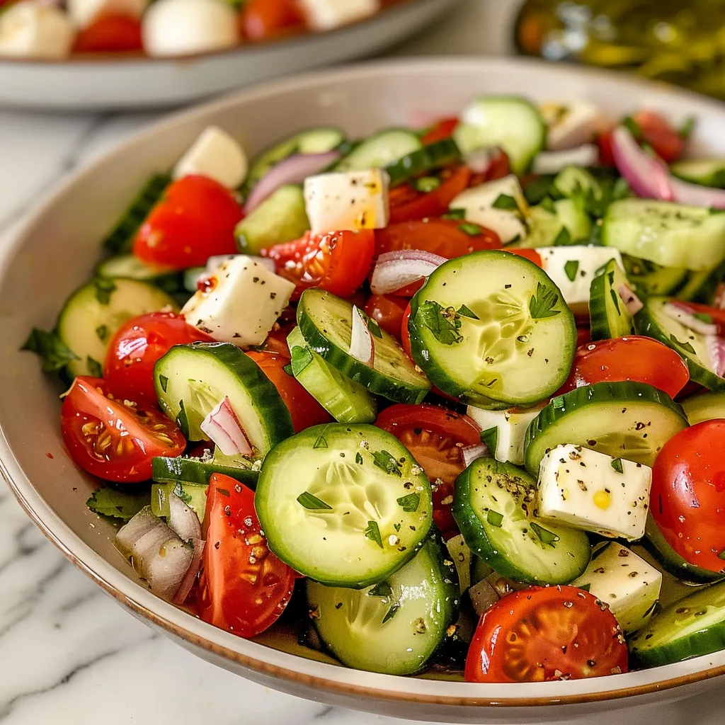 Fresh cucumber caprese salad in a white bowl, featuring fresh mozzarella, cherry tomatoes, and cucumber.
