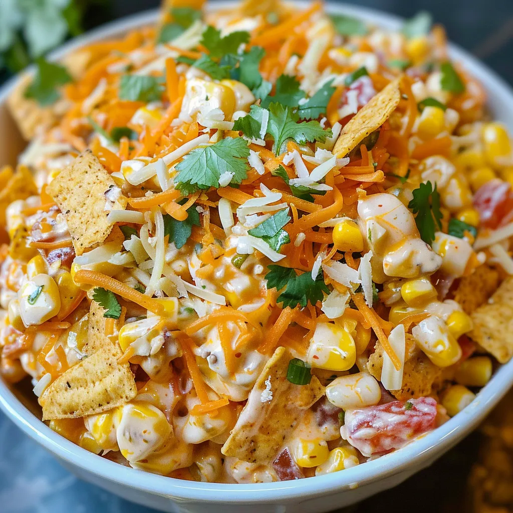 Close-up view of a creamy corn salad with Fritos, cheese, and cilantro.
