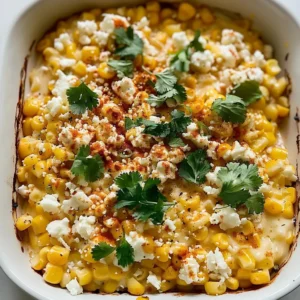 Creamy corn casserole topped with cotija cheese and cilantro.