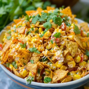 Close-up view of Fritos corn salad in a white bowl, featuring corn kernels, crushed Fritos, cheese, and cilantro.
