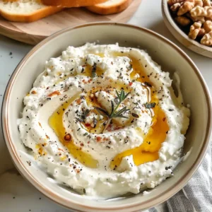 Bowl of creamy ricotta dip topped with hot honey, pecans, and herbs.