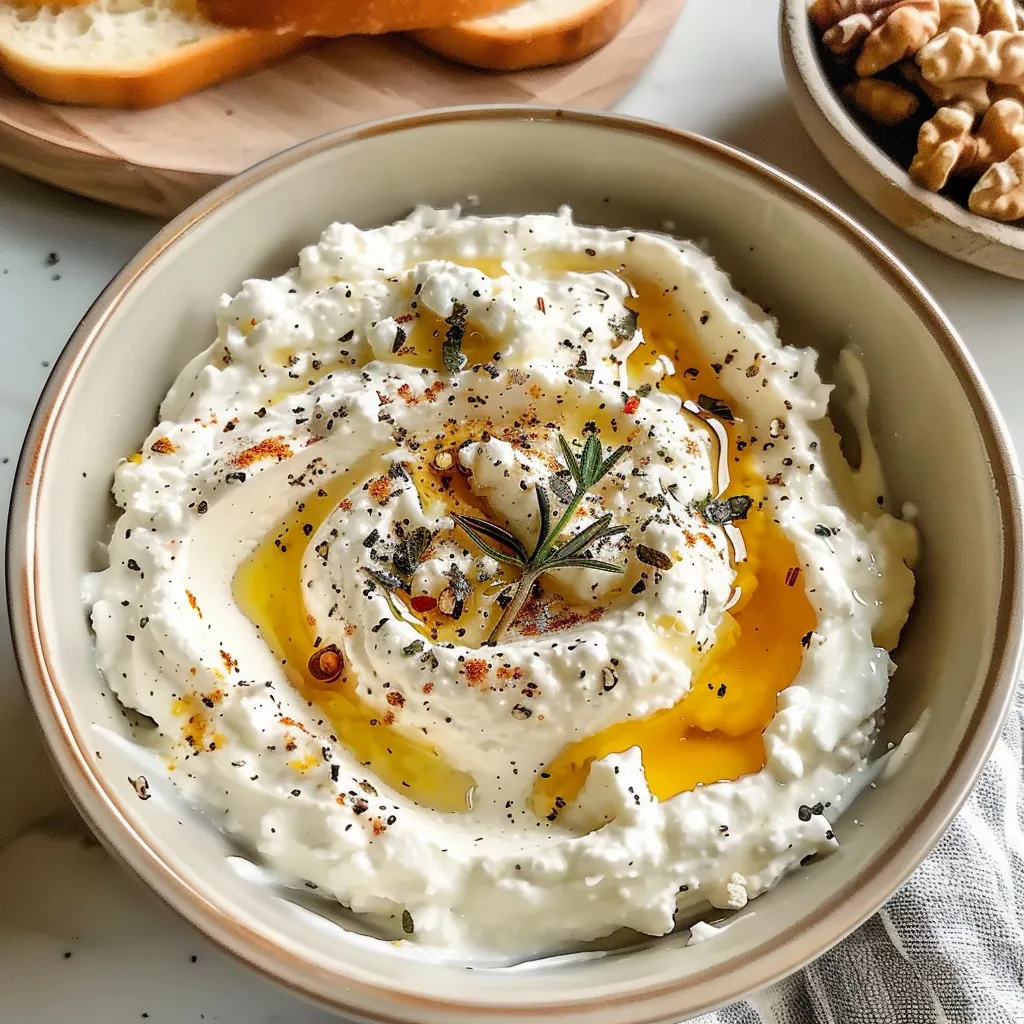 Bowl of creamy ricotta dip topped with hot honey, pecans, and herbs.