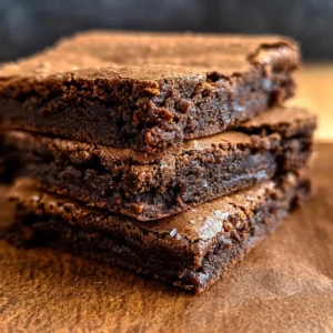 Stack of three fudgy, cocoa brownies on a wooden board.