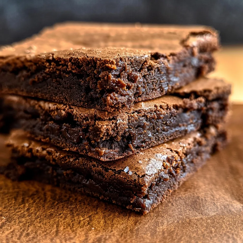 Stack of three fudgy, cocoa brownies on a wooden board.