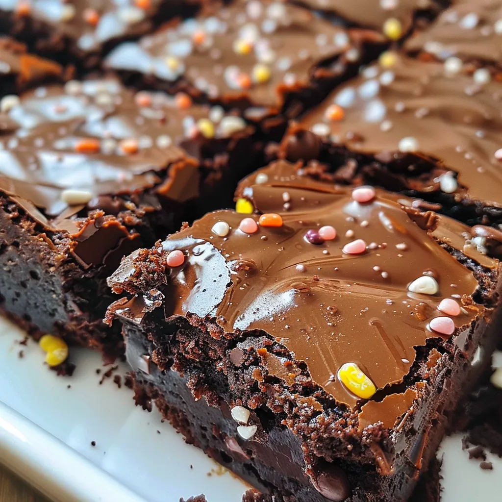 Close-up of several fudgy brownies with visible white chocolate chips.