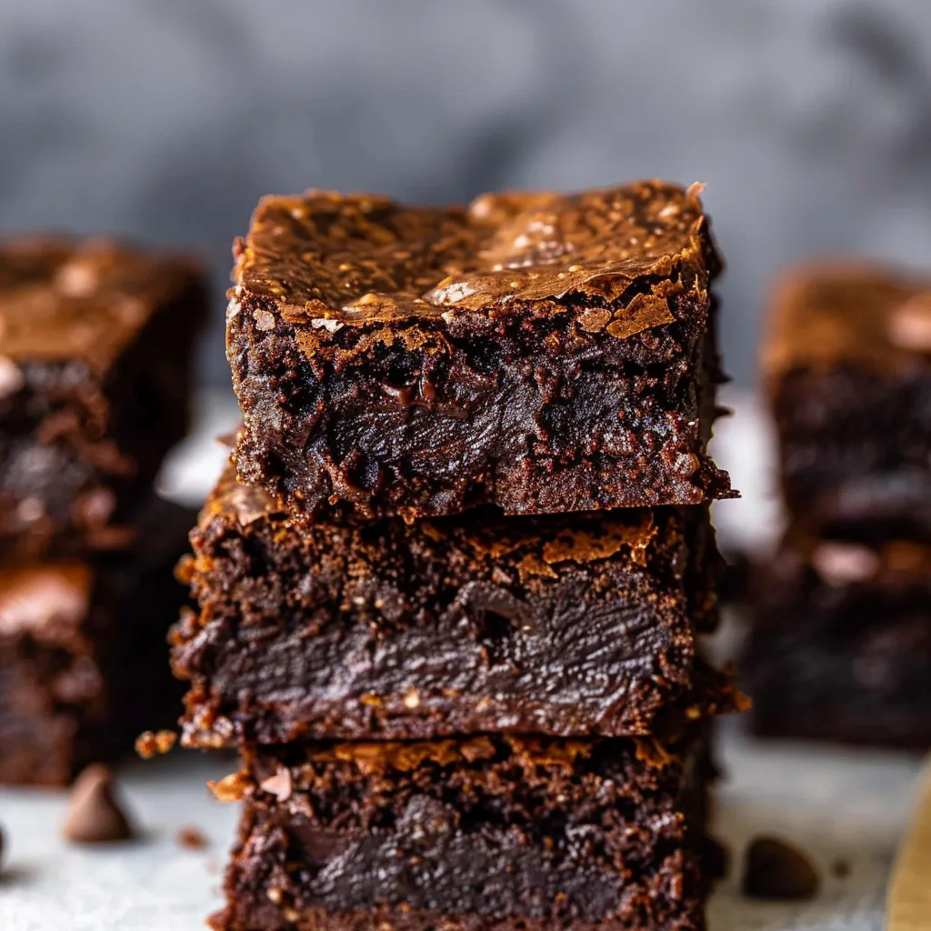 Close-up image of fudgy cocoa brownies, showing rich, dark chocolate texture.