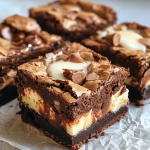 Delicious one-bowl brownies with white chocolate chunks, arranged on parchment paper.