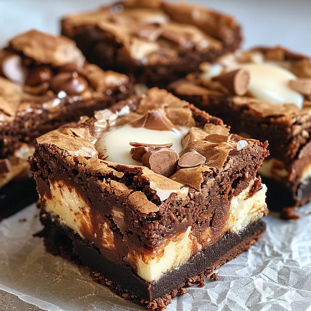 Delicious one-bowl brownies with white chocolate chunks, arranged on parchment paper.