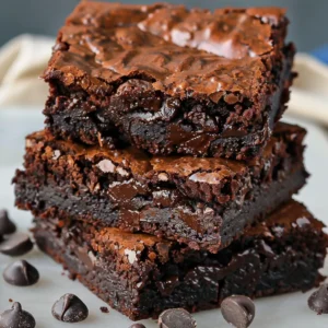 A stack of fudgy, homemade chocolate brownies on a white plate.