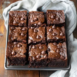 A baking pan of freshly baked, chocolate brownies cut into squares.