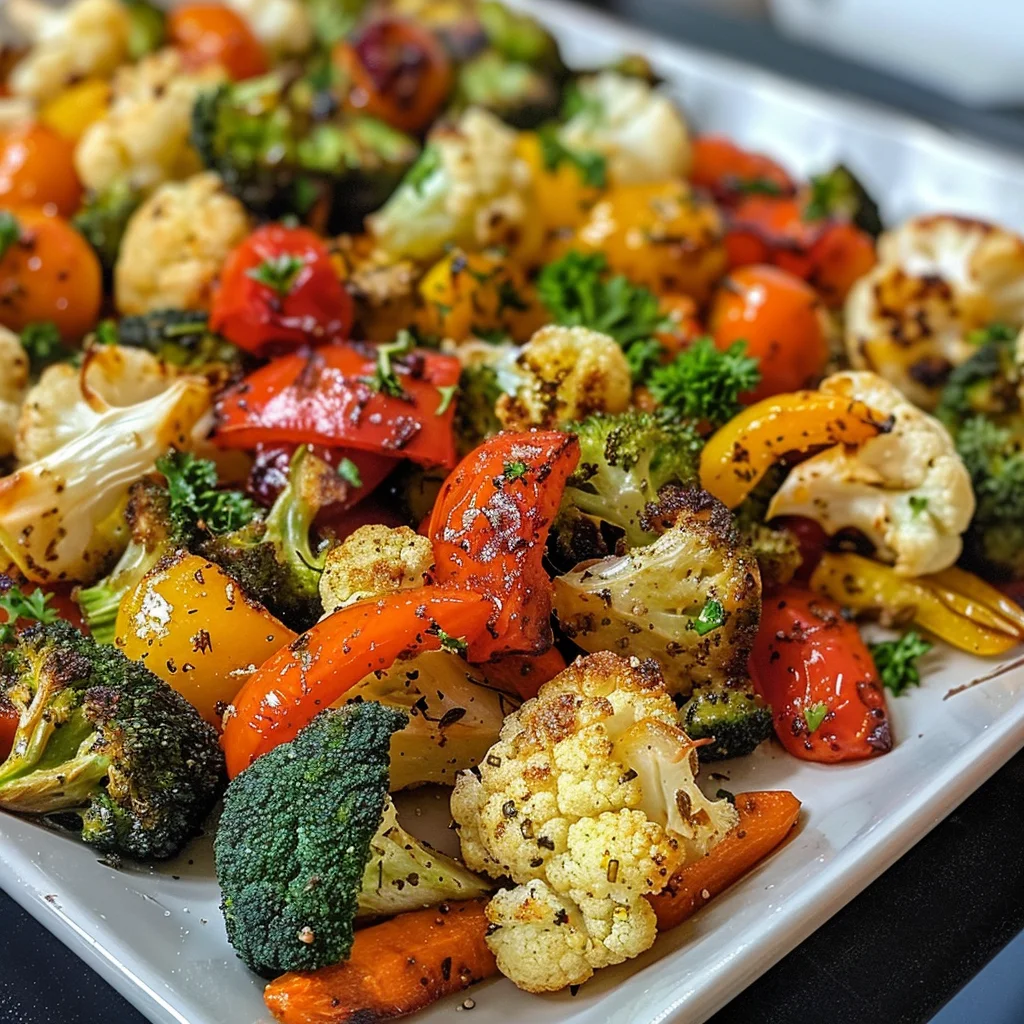 Roasted cauliflower, broccoli, and bell peppers seasoned with garlic and herbs.