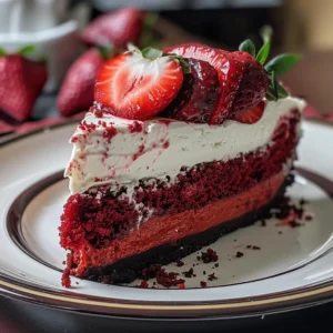 A slice of red velvet strawberry cheesecake topped with fresh strawberries and a red glaze.