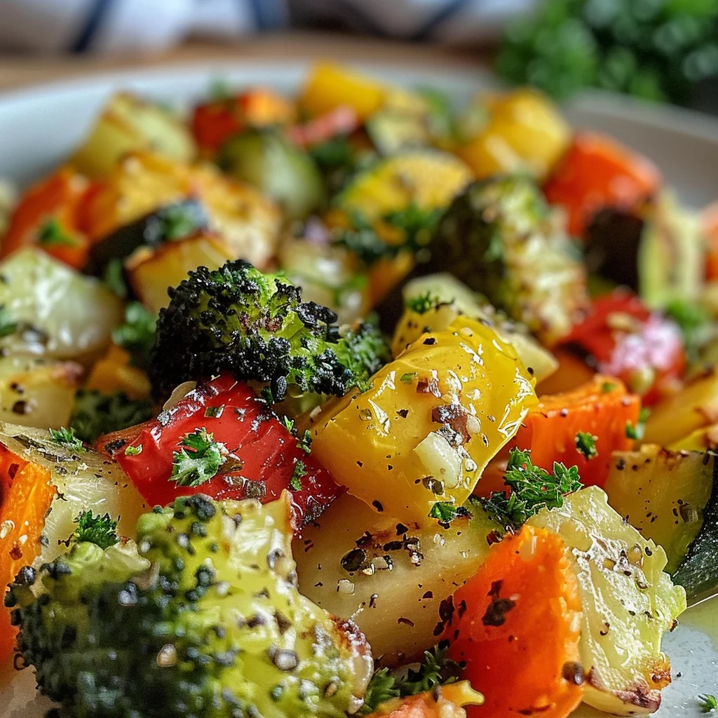 Savory garlic butter roasted vegetables on a white plate.