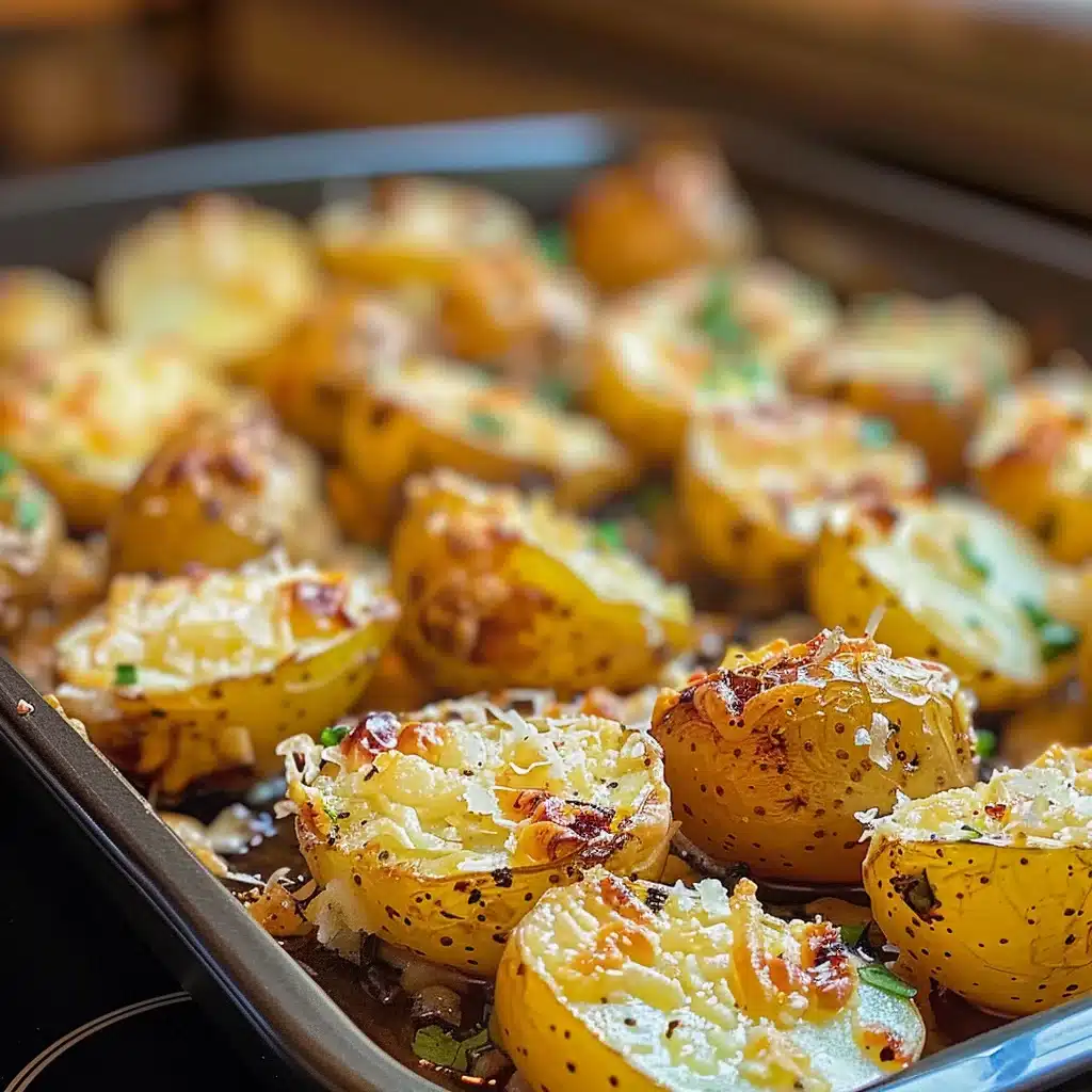 Close-up of roasted garlic butter parmesan potatoes, seasoned with herbs.