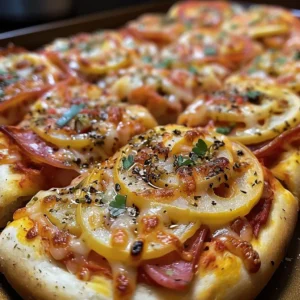 Close-up of several delicious pizza rolls topped with melted cheese, caramelized onions, and fresh basil.