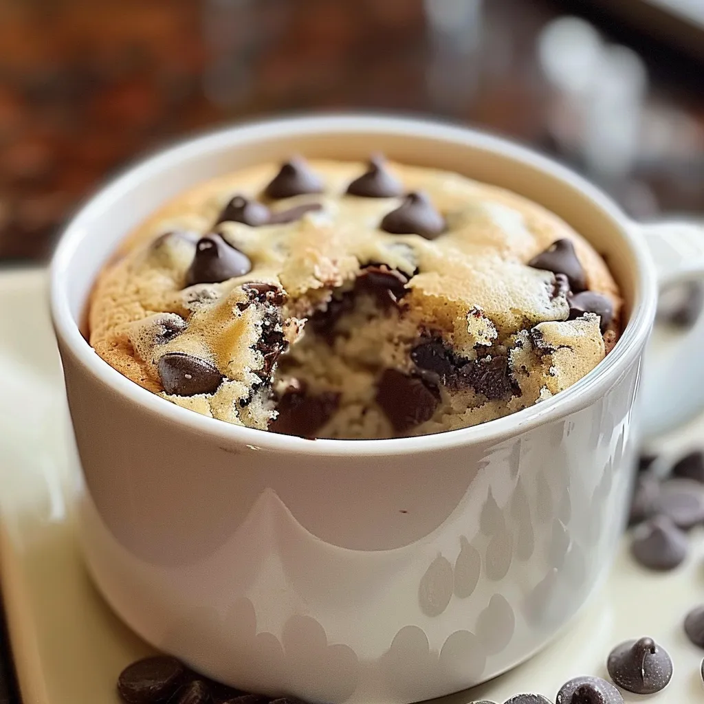 A single-serving chocolate chip mug cake in a white mug, with additional cookies in the background.