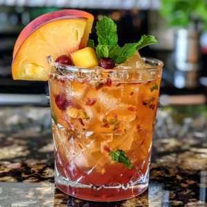 A refreshing Royal Peach cocktail garnished with peach slices and mint, alongside ingredients including Crown Royal Peach whiskey, orange juice, and a red liqueur.