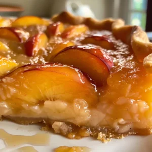 A slice of homemade peach pie on a plate, with fresh peach slices.