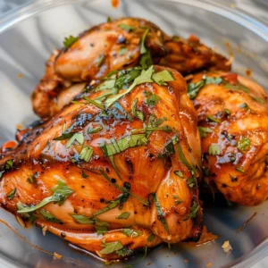 Chicken pieces marinated in a vibrant orange sauce inside a clear plastic bag.