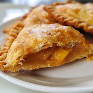 Close-up of golden-brown fried peach pies on a white plate.
