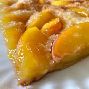 A slice of peach pie topped with a scoop of whipped cream on a white plate.