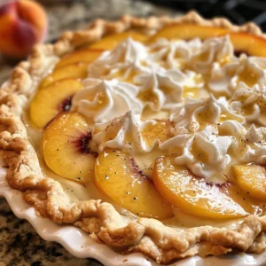 A slice is missing from a homemade peach and cream pie, dusted with powdered sugar.