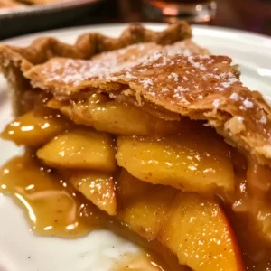 Close-up of homemade peach pie filling in a pie crust, with a wooden spoon scooping out some filling.