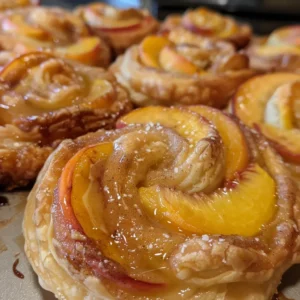 Close-up of four golden-brown peach pie cruffins, glazed with a shiny caramel topping.