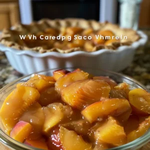 Deliciously simple peach pie filling recipe, showing cooked peach slices in a white bowl and on a white plate.