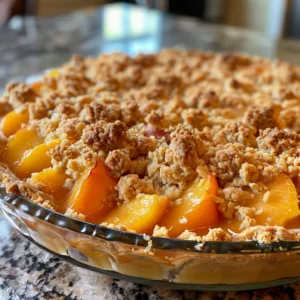 A slice of peach crumble pie on a white plate, with a whole peach crumble pie in the background.