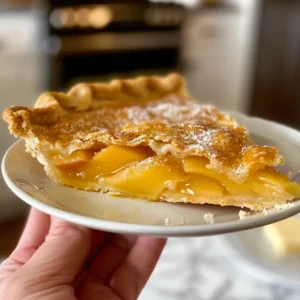 A delicious peach pie with a lattice crust, sits on a white plate.