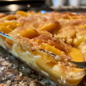 Close-up of a delicious peach custard dessert with a buttery crumble topping.