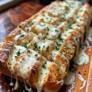 Close-up of golden-brown garlic bread sticks with melted cheese and parsley.
