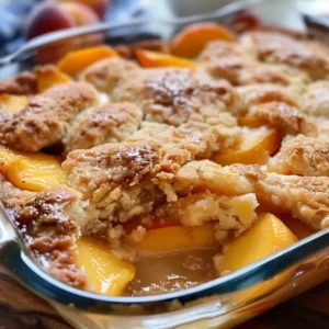 A delicious-looking peach cobbler in a white baking dish, topped with a golden crust and a dusting of powdered sugar.