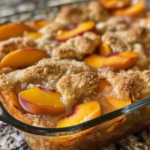 A delicious peach cobbler in a white baking dish, topped with a golden crumble and dusted with powdered sugar.