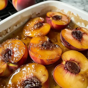 Baked peaches in a cinnamon sugar glaze.