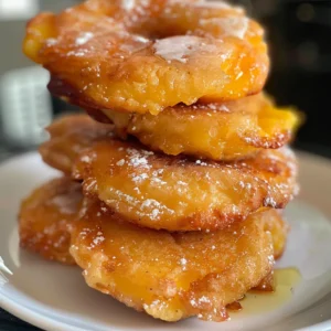 Delicious fresh peach fritters drizzled with a sweet glaze, served on a white plate.