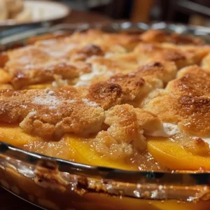 Close-up of a warm peach cobbler with a scoop of vanilla ice cream.