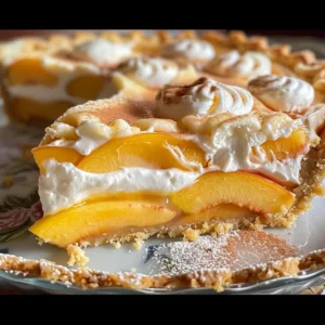 Delicious peach and cream pie with a slice removed, dusted with powdered sugar.