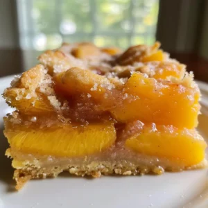 Stack of three heavenly summer peach bars, topped with a crumble and powdered sugar.