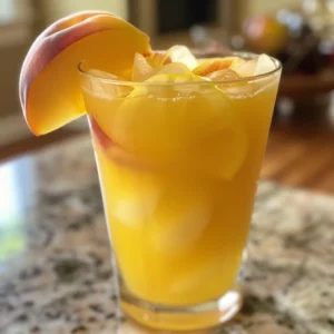 Refreshing peach lemonade in mason jars with peaches and lemons.