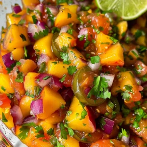 Close-up view of fresh peach salsa in a glass bowl, garnished with lime wedges and cilantro.